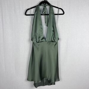 NWT Zara Dress Halter Plunging Mini Satin Effect Green Party Glam Sexy Holiday